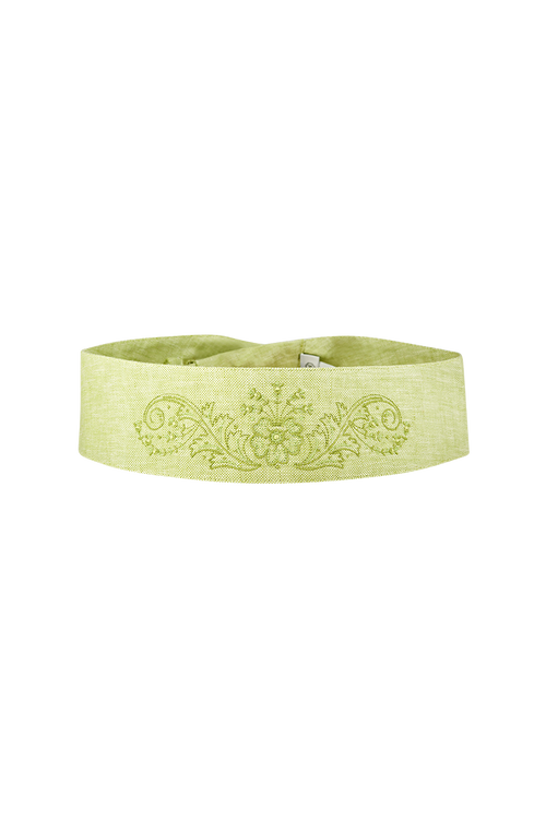 Tie belt with satin stitch embroidery